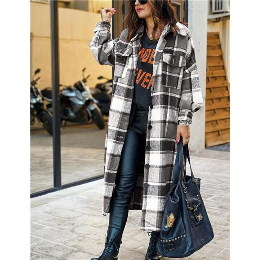Black Plaid‎ Print Oversized Button Down Long Midi Trench Flannel Jacket Coat